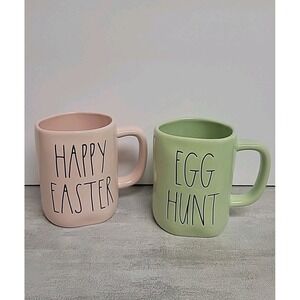Rae Dunn Artisan Pink HAPPY EASTER Green EGG HUNT Ceramic Mugs Qty 2 EUC Pastel